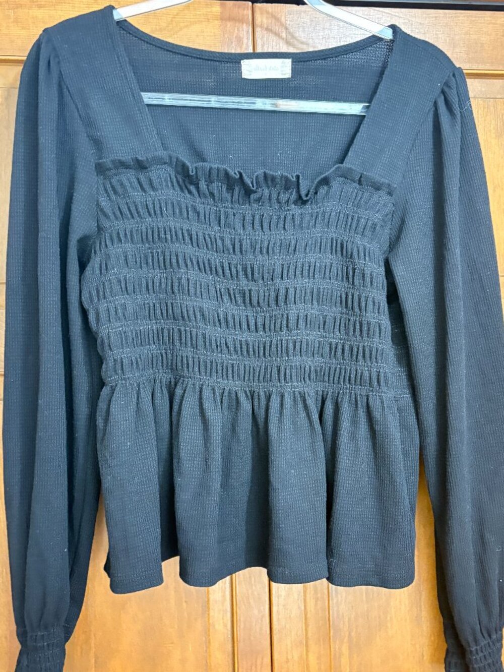 Altar’d State Black Smocked Peplum Top Size Large Long Sleeve Boho